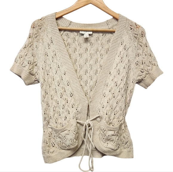 LOFT Cream Lace Knit Tie Up Sweater - Picture 1 of 7